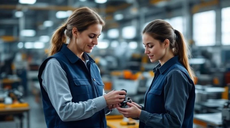 Ausbilder in einer Ludwigsburger Filtertechnik-Werkstatt erklärt einer Auszubildenden ein Bauteil