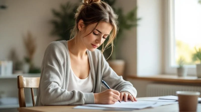 Frau fuellt Formulare an einem Schreibtisch in Ludwigsburg aus