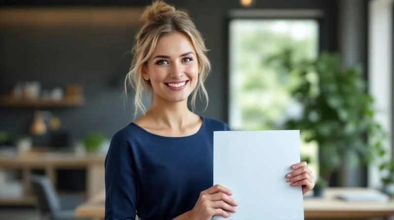 Frau haelt stolz ihren IHK-Abschluss in der Hand in Baden-Wuerttemberg