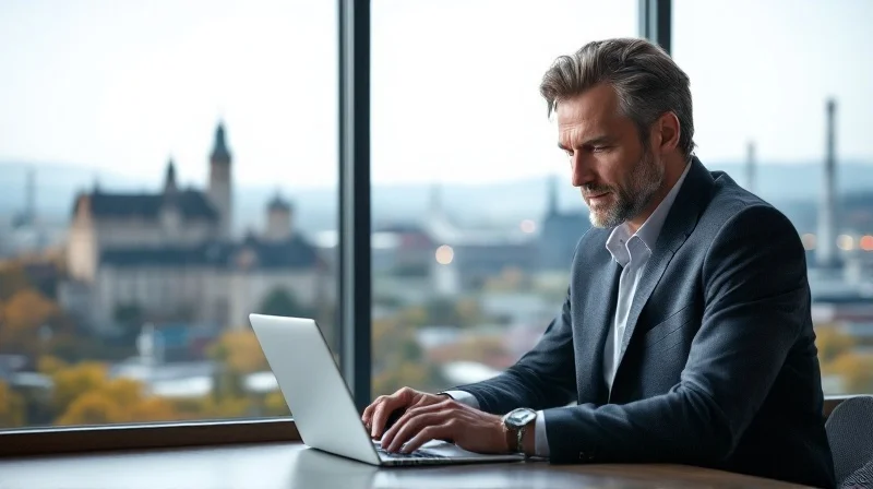 Ludwigsburger Geschäftsführer im modernen Büro mit Blick auf historisches Schloss und Industrieareal