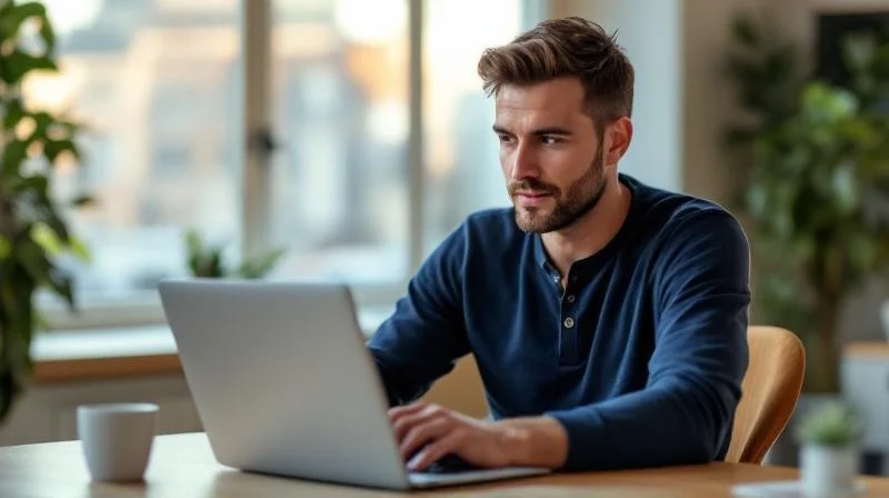 Mann am Laptop plant seinen beruflichen Neuanfang in Ludwigsburg