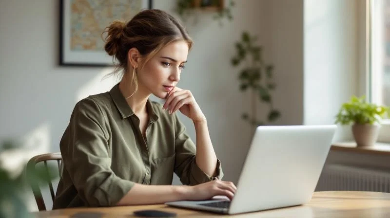 Frau arbeitet konzentriert am Laptop in einem hellen Raum in Ludwigsburg