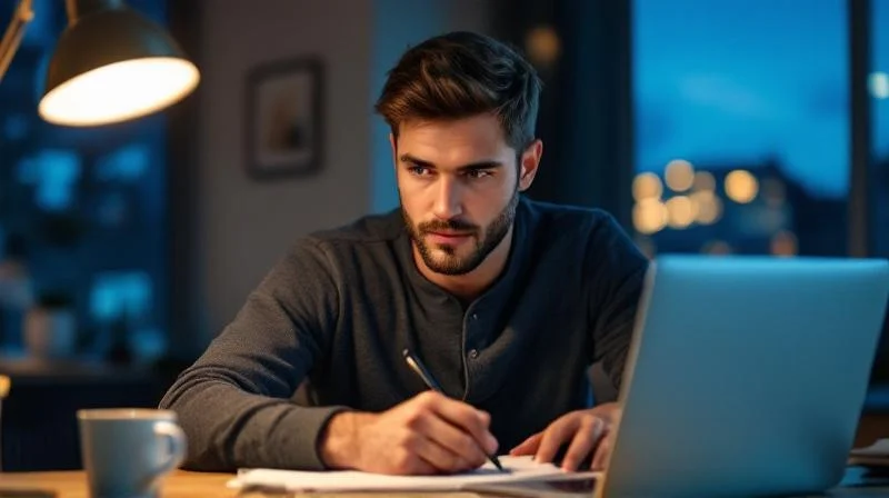 Mann lernt abends am Laptop fuer den Wirtschaftsfachwirt in Ludwigsburg